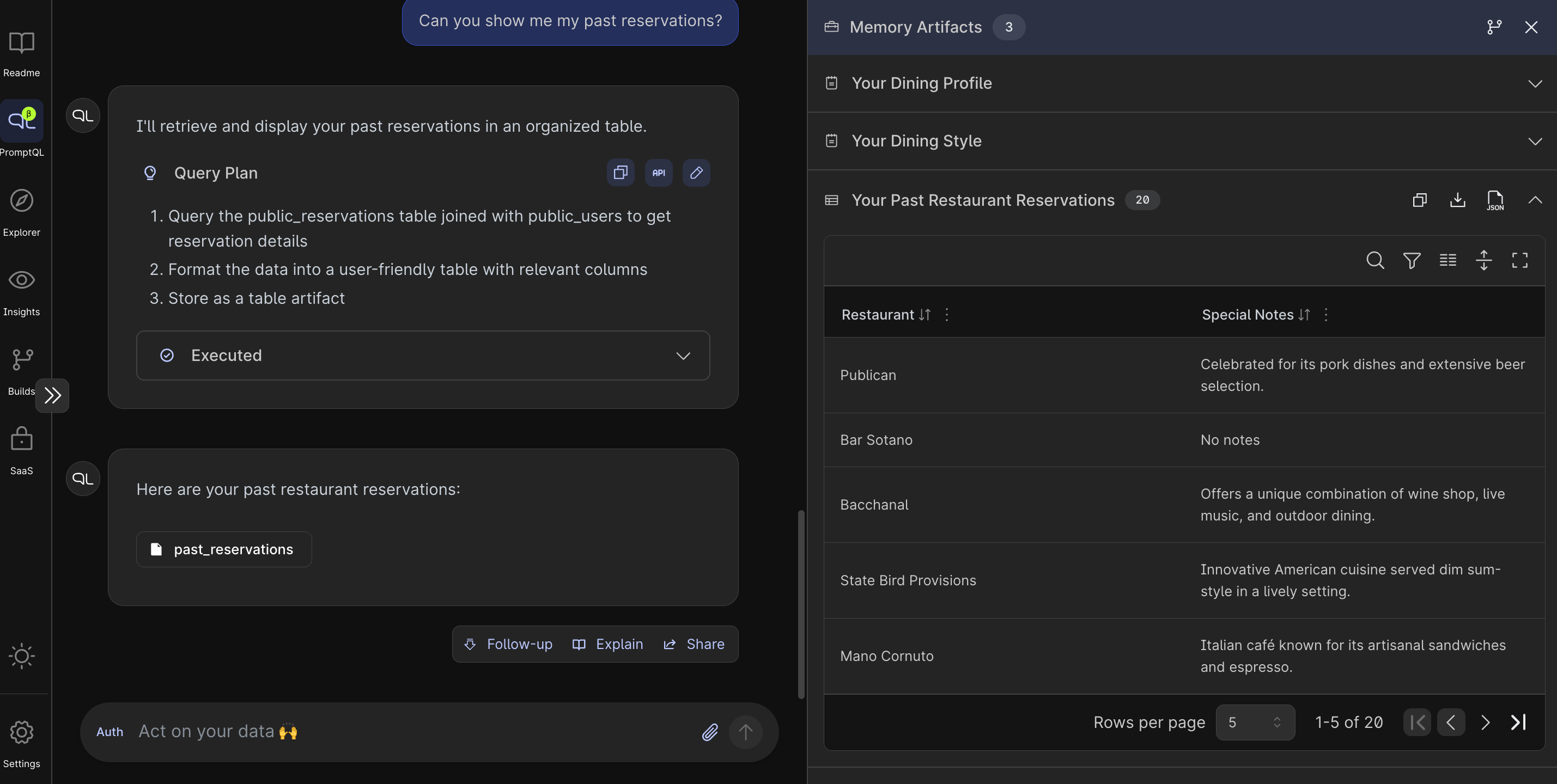 Table artifact in the Playground
